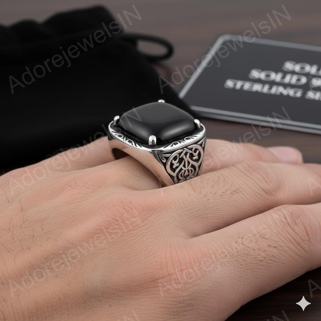 Black Onyx Octagon Sterling Silver Signet Ring, Turkish Mens Ring