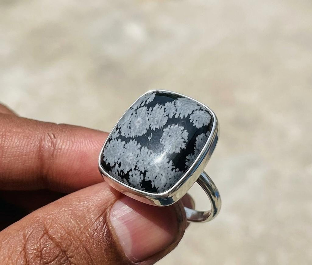 Handmade Snowflake Obsidian Ring, Sterling Silver Bezel Setting, Cushion Gemstone Jewelry