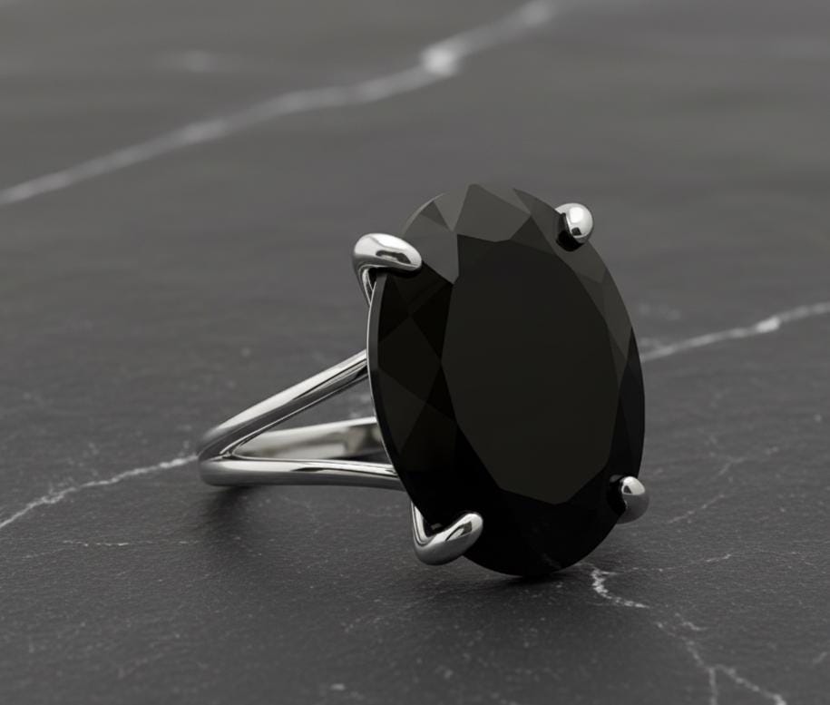 Sterling Silver Black Onyx Ring, Oval Faceted, Prong Setting