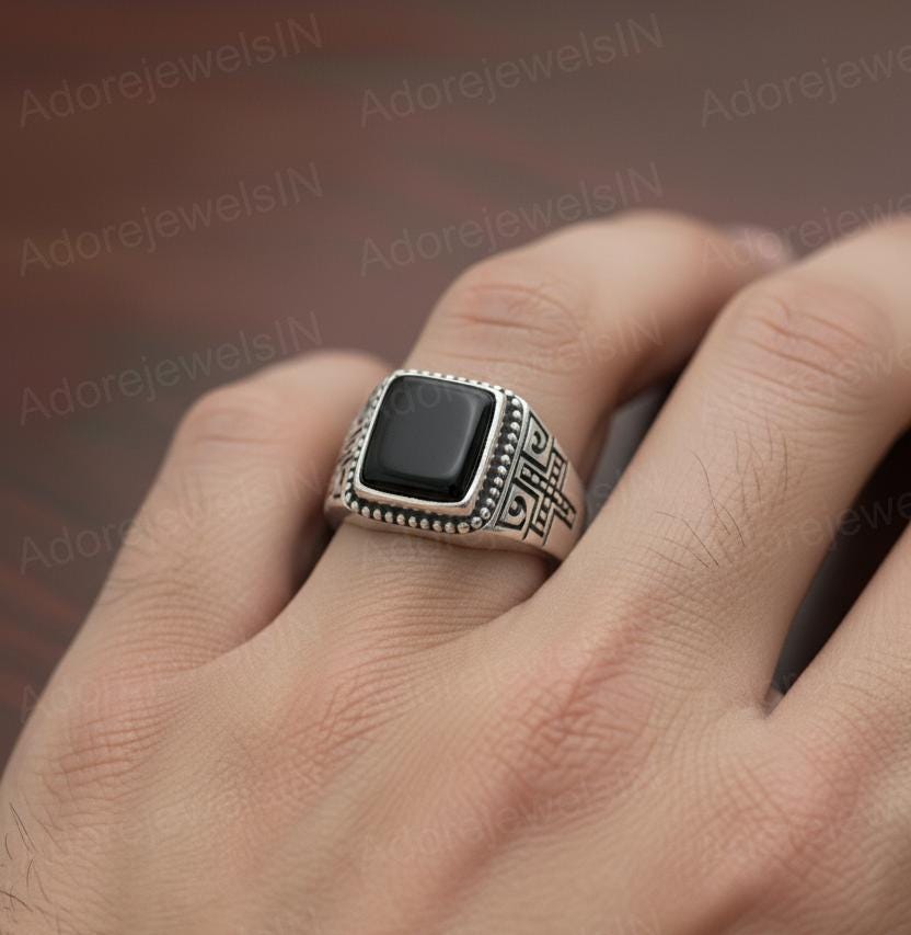Mens Black Onyx Ring, Solid Sterling Silver, Square Stone