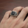 Mens Black Onyx Ring, Solid Sterling Silver, Square Stone