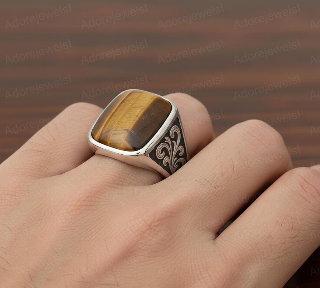Sterling Silver Signet Ring, Natural Tiger Eye, Floral Band