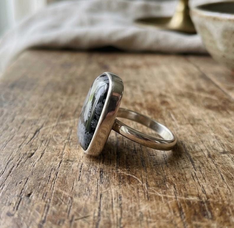 Handmade Snowflake Obsidian Ring, Sterling Silver Bezel Setting, Cushion Gemstone Jewelry