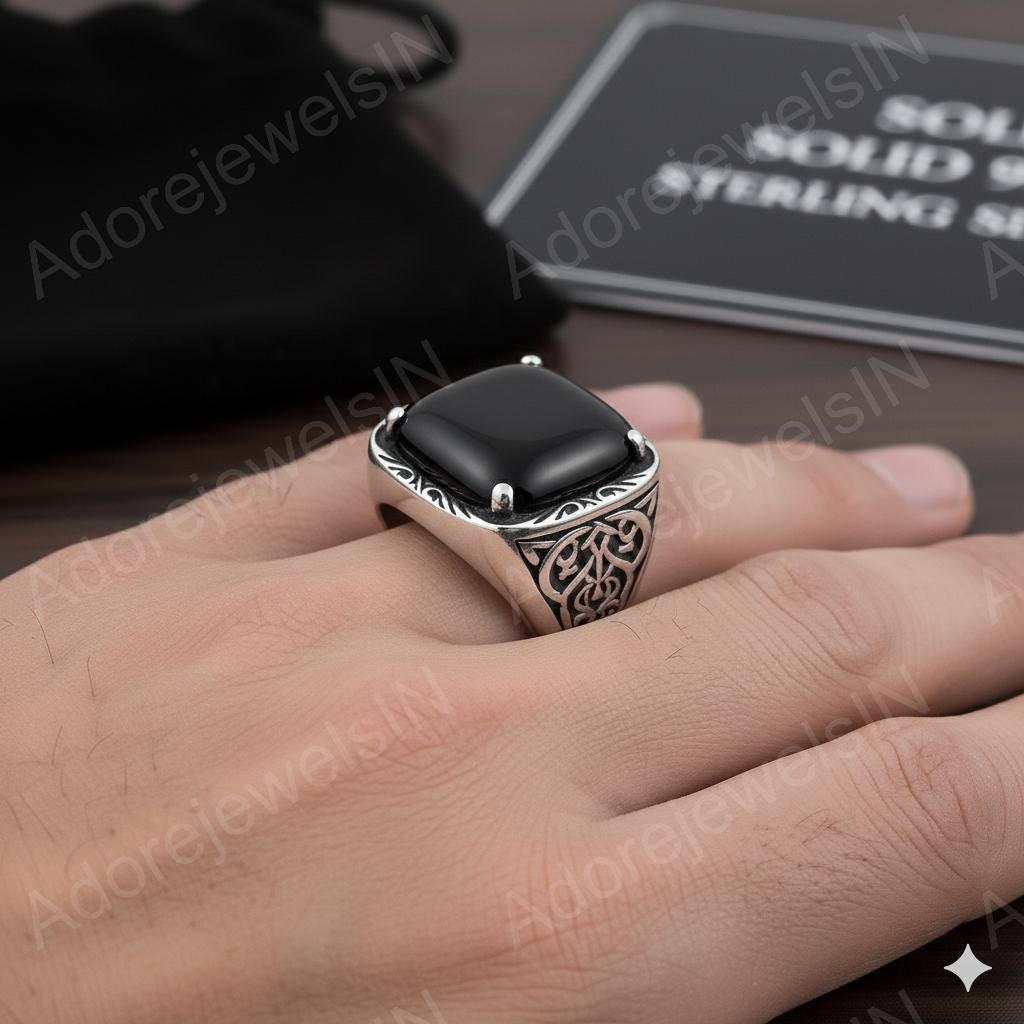 Black Onyx Octagon Sterling Silver Signet Ring, Turkish Mens Ring