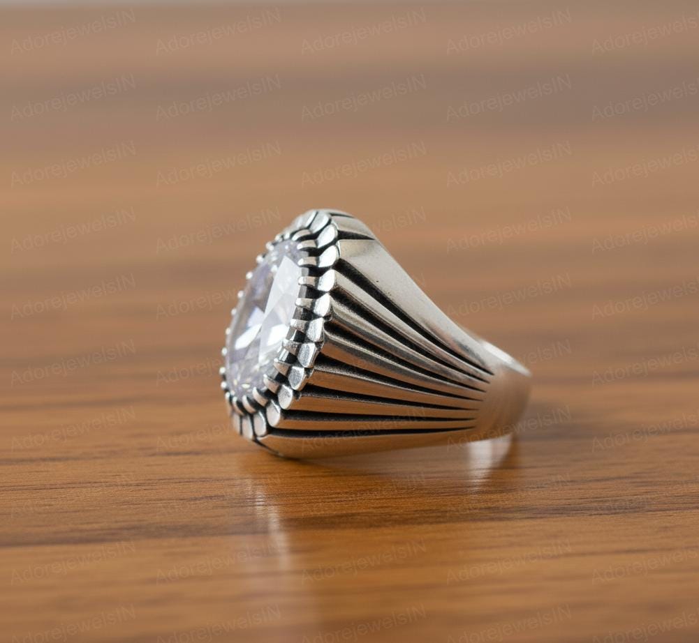 White Topaz Ottoman Signet Ring, Solid Sterling Silver Mens Ring