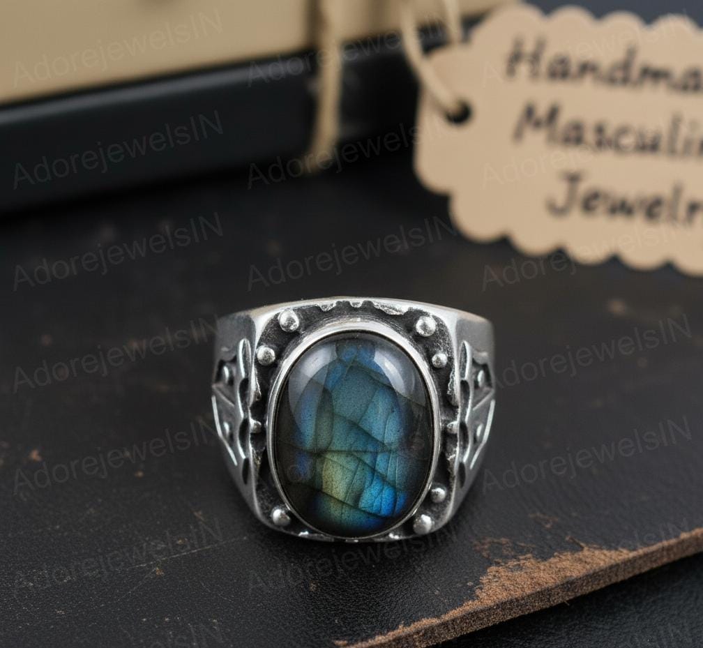 Mens Sterling Silver Labradorite Ring, Greek Design, Oval 12x16mm