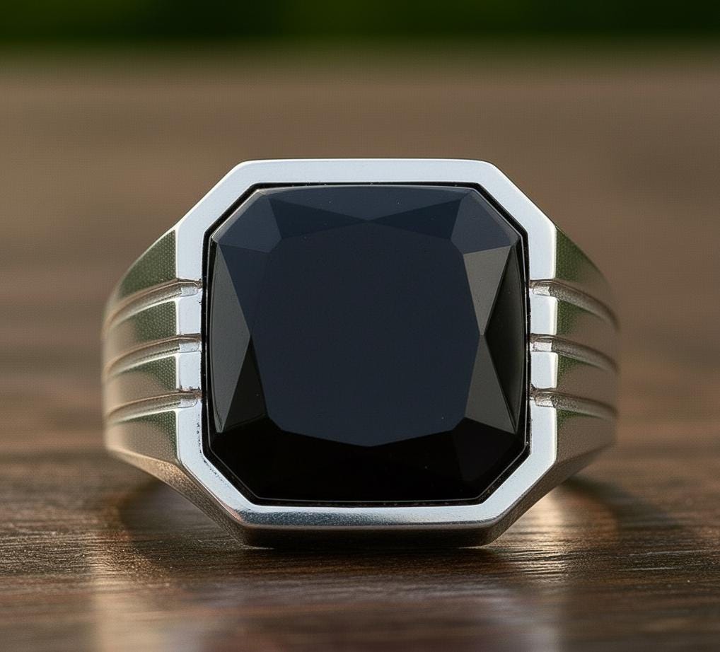 Black Onyx Signet Ring, Sterling Silver Cushion Cut Mens Ring