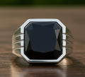 Black Onyx Signet Ring, Sterling Silver Cushion Cut Mens Ring