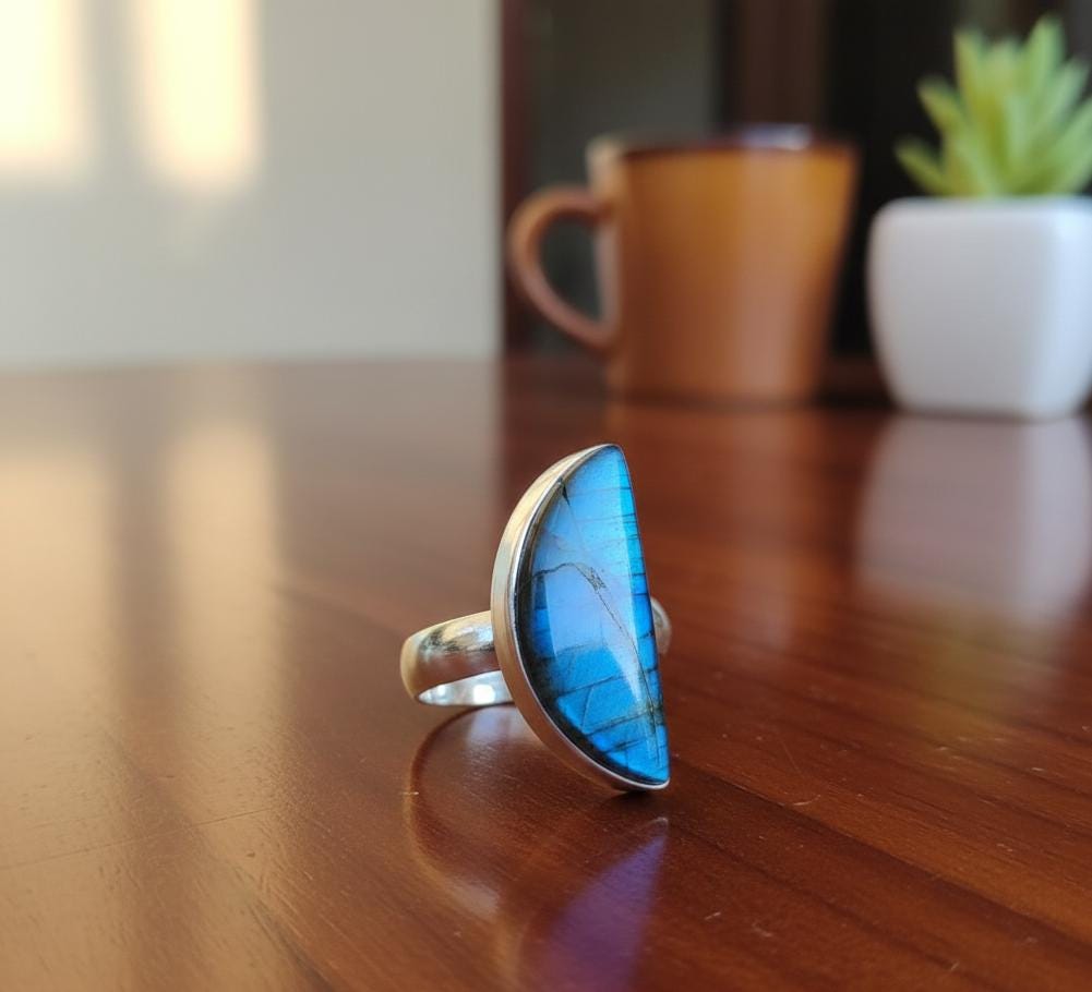 Sterling Silver Madagascar Labradorite Ring, Half Moon Gemstone
