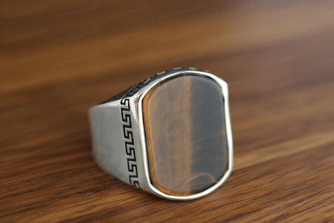 Yellow Tiger Eye Sterling Silver Signet Ring, Greek Ottoman Style