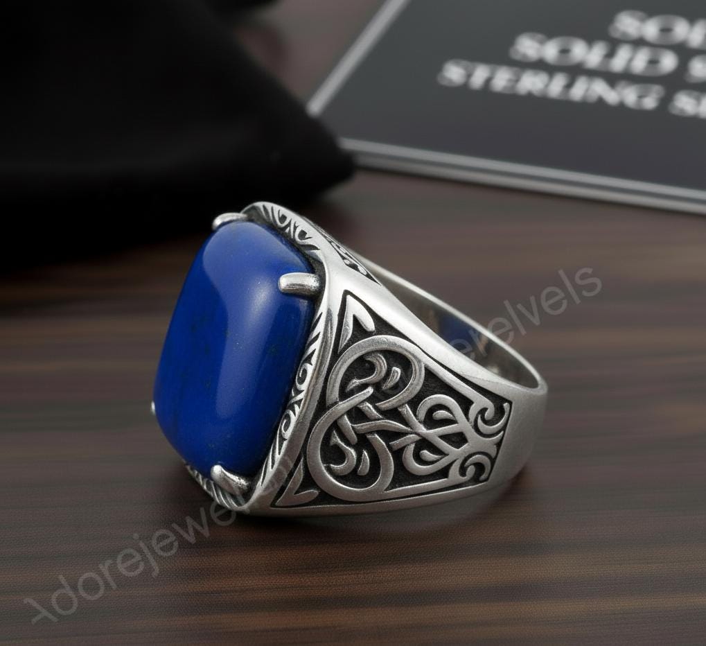 Afghani Lapis Lazuli Octagon Sterling Silver Signet Ring, Turkish Mens Ring