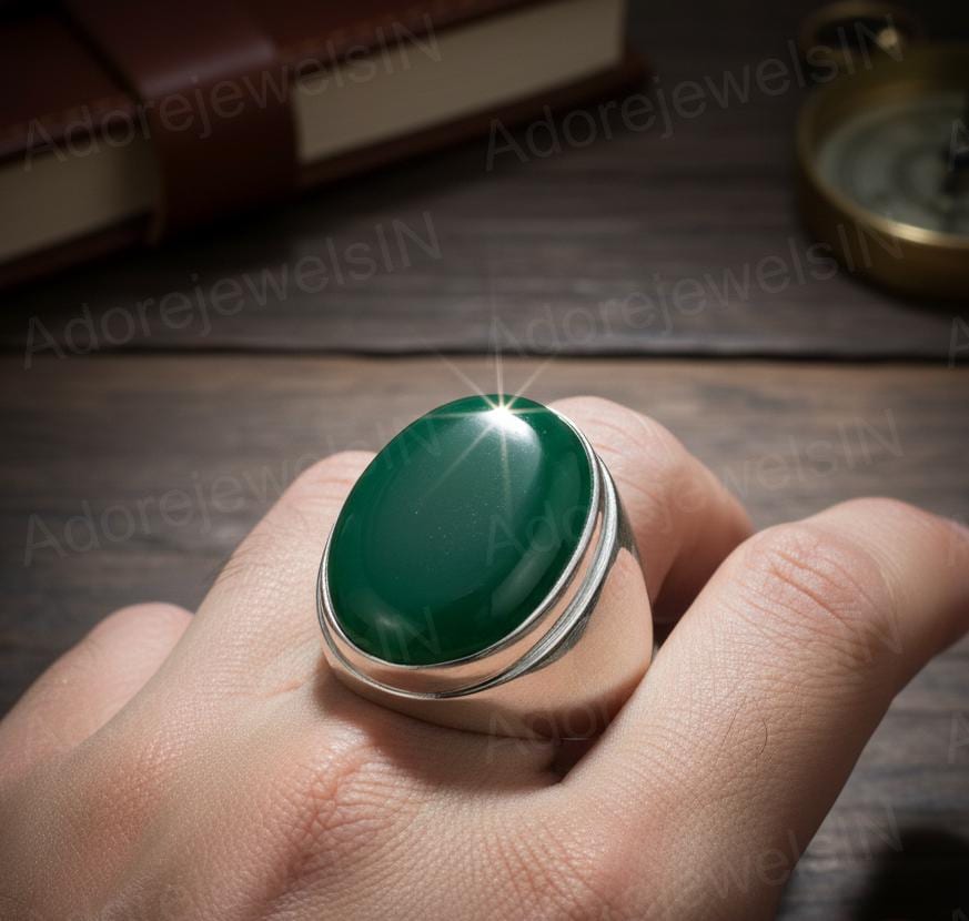 Sterling Silver Green Onyx Ring, Ottoman Style Signet Ring