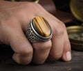 Mens Floral Sterling Silver Ring, Oval Tiger eye (12x16mm)