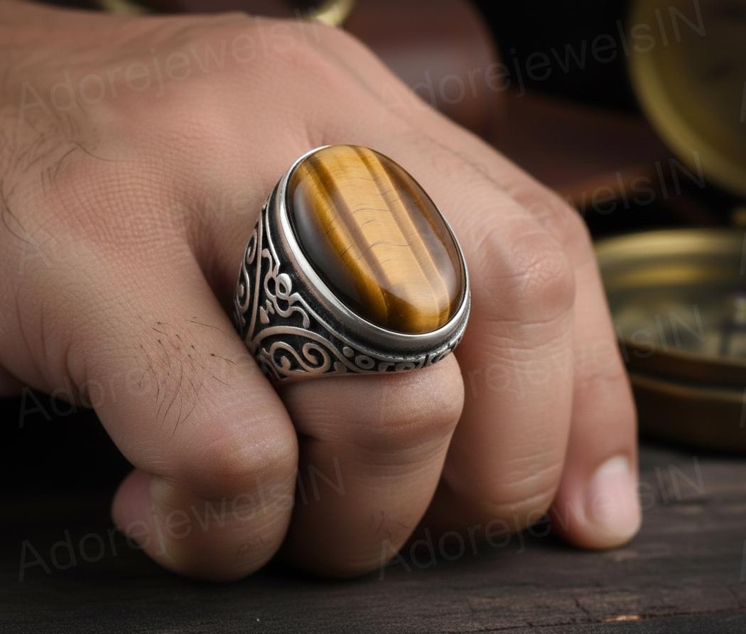 Mens Floral Sterling Silver Ring, Oval Tiger eye (12x16mm)