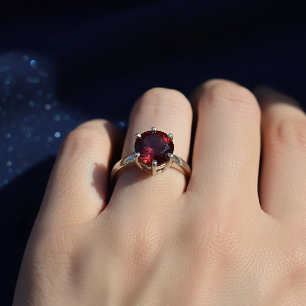 Sterling Silver Garnet Ring, Round Cut Gemstone, Prong Setting