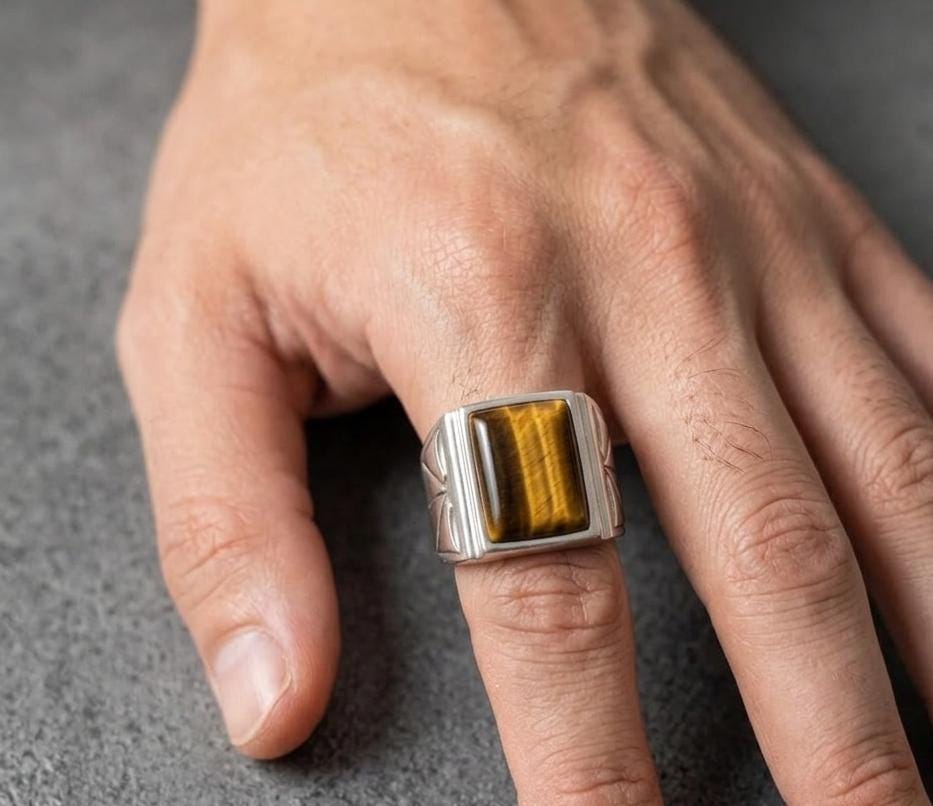 Mens Sterling Silver Brown Tiger eye Ring, Greek Design, Oval 12x16mm
