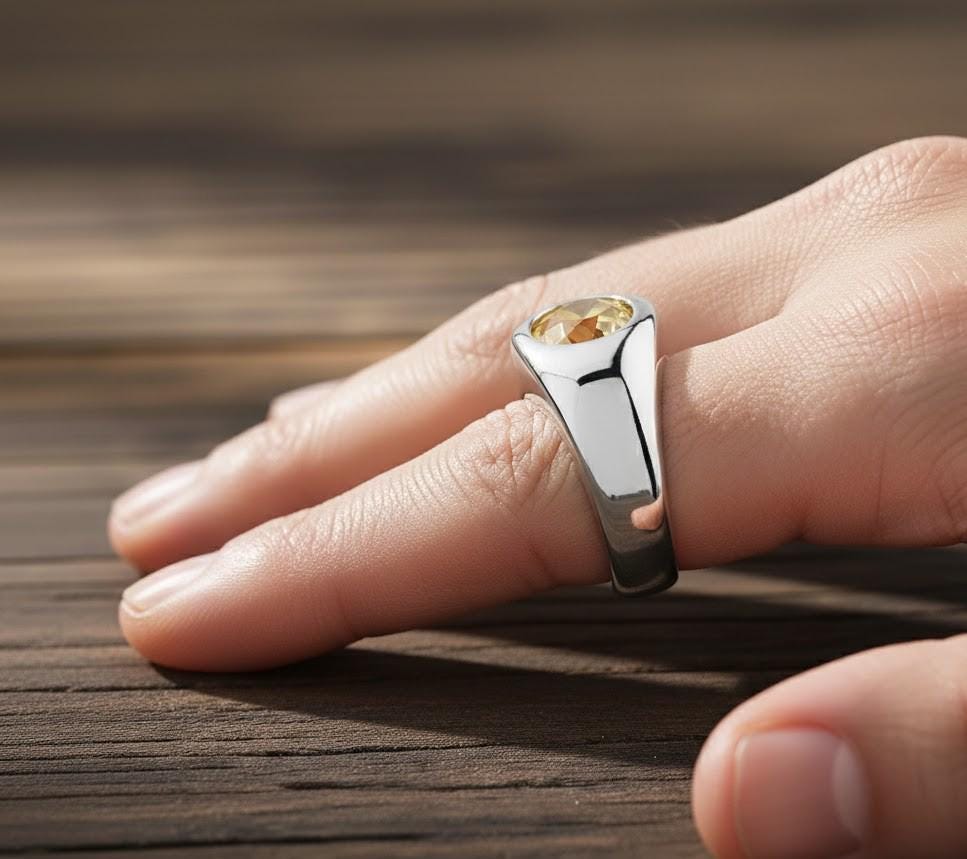 Round Citrine Ring, 925 Sterling Silver, Husband Gift