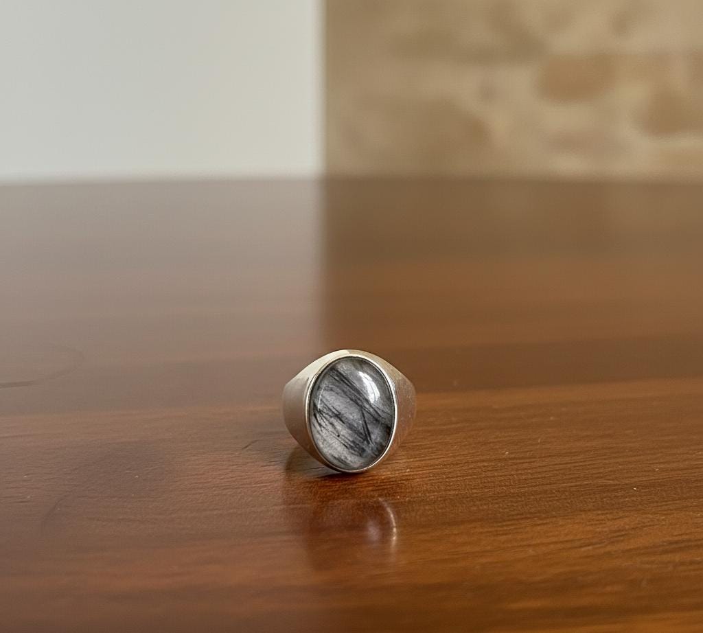 Sterling Silver Black Rutile Ring, Oval Cabochon, Ottoman Style