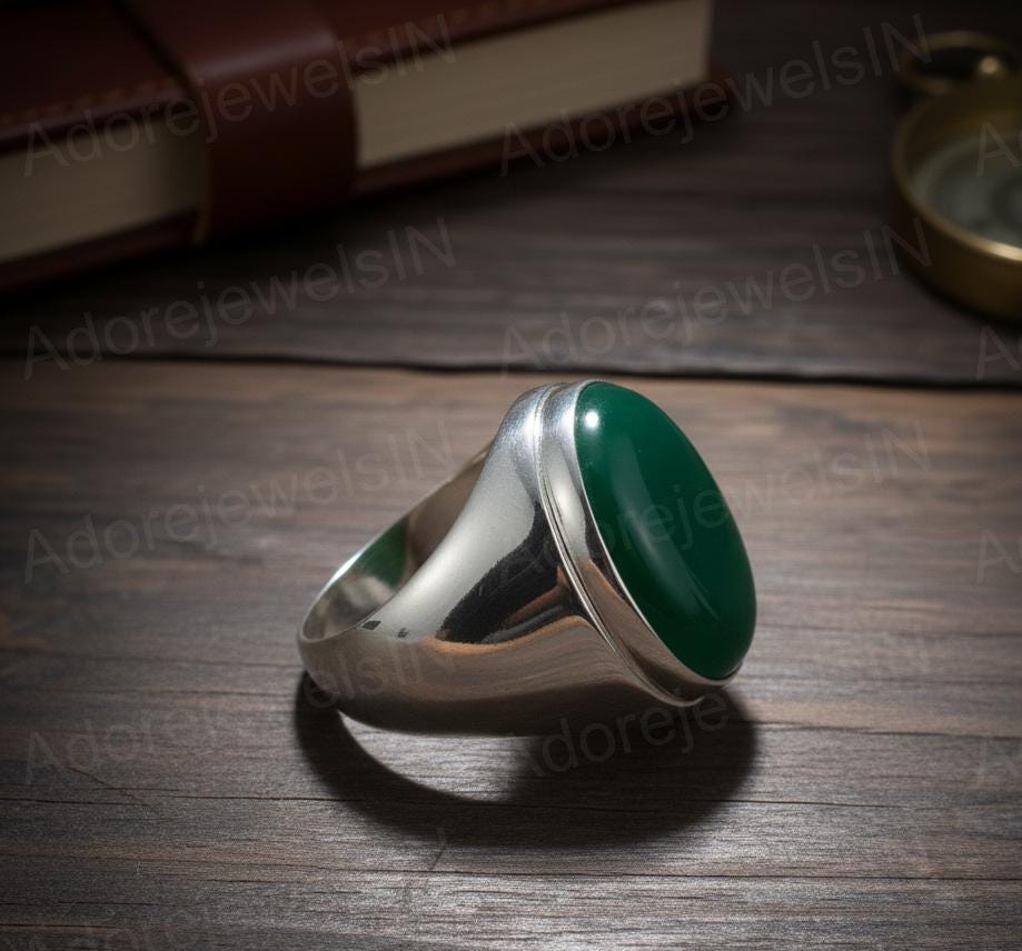 Sterling Silver Green Onyx Ring, Ottoman Style Signet Ring