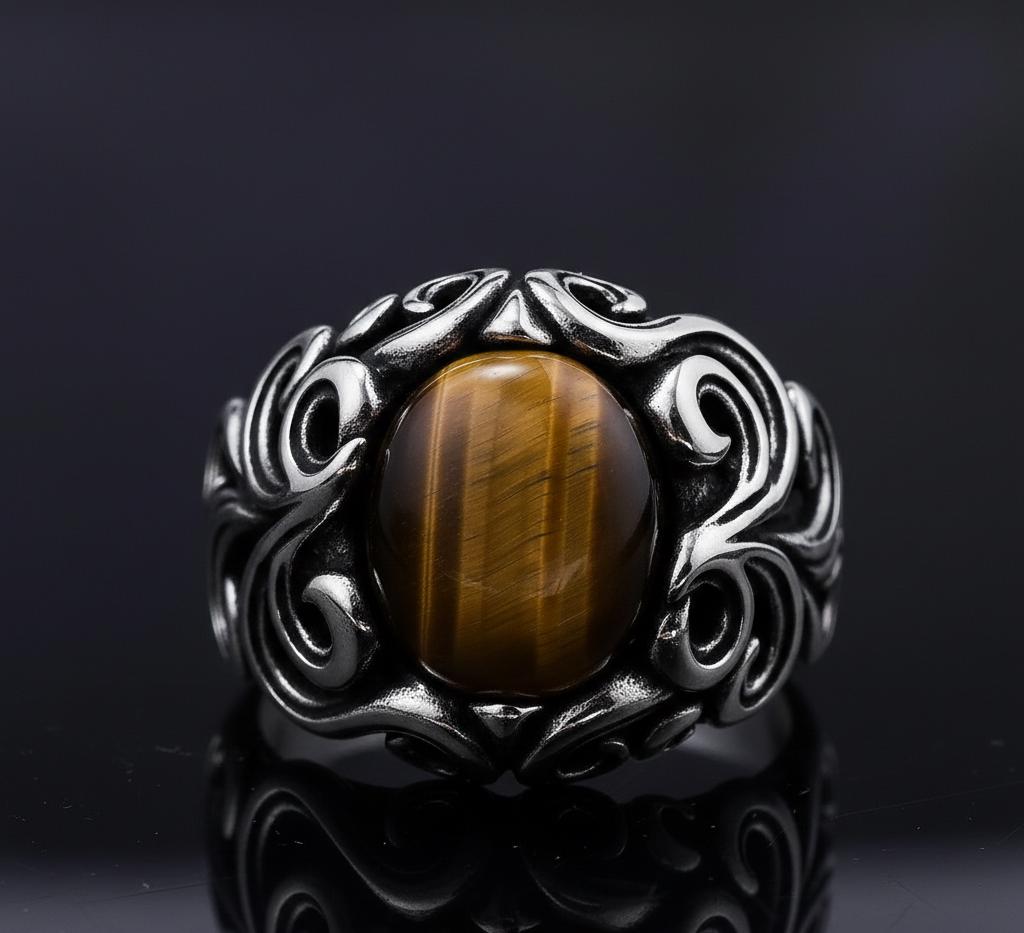 Oxidized Sterling Silver Signet Ring, Yellow Tiger Eye, Floral Design