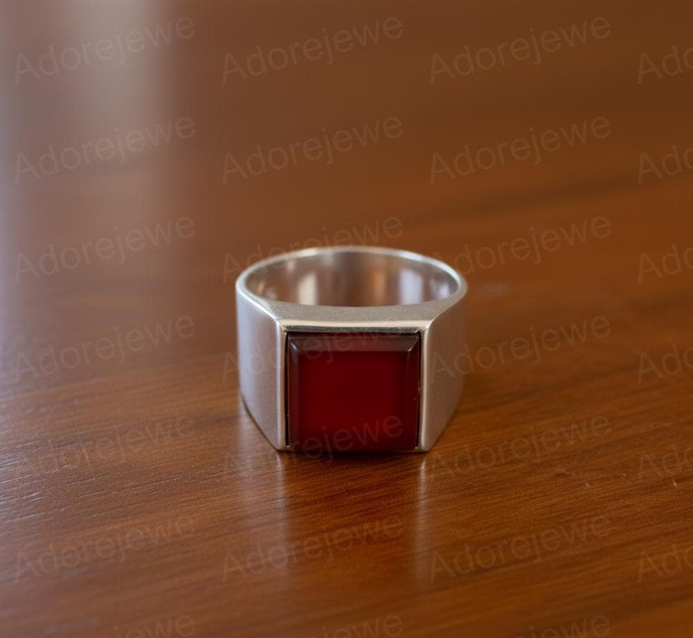Natural Carnelian Sterling Silver Signet Ring, Square Stone Mens Ring, Christmas Gift