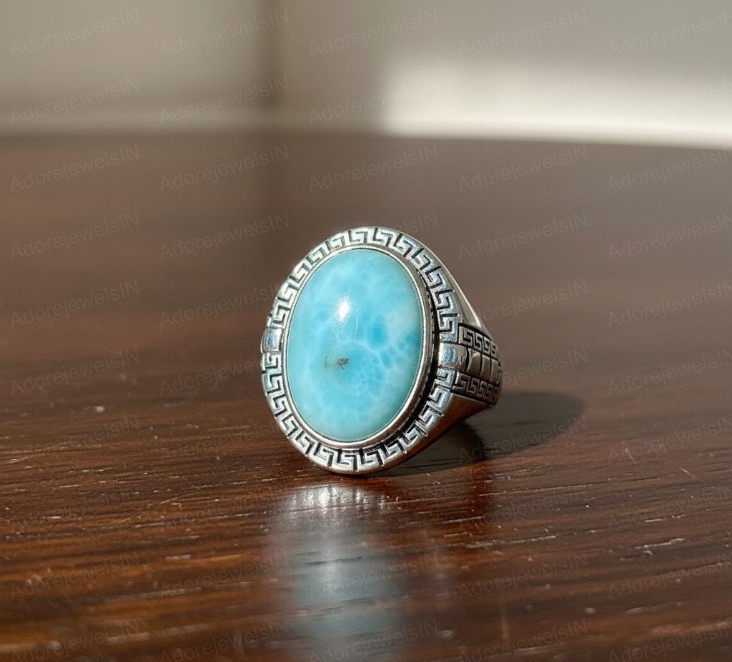 Vintage Texture Sterling Silver Larimar Ring (12x16mm)