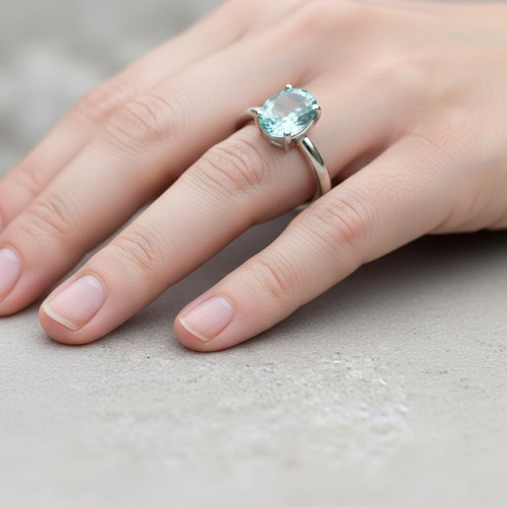 Paraiba Emerald Sterling Silver Ring, Oval Cut (10x14mm)