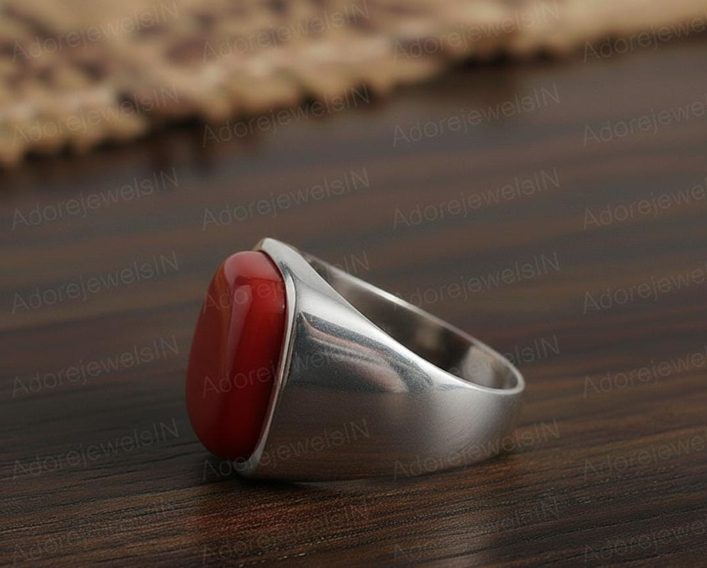 Mens Sterling Silver Red Coral Ring, Greek Design, Oval 12x16mm