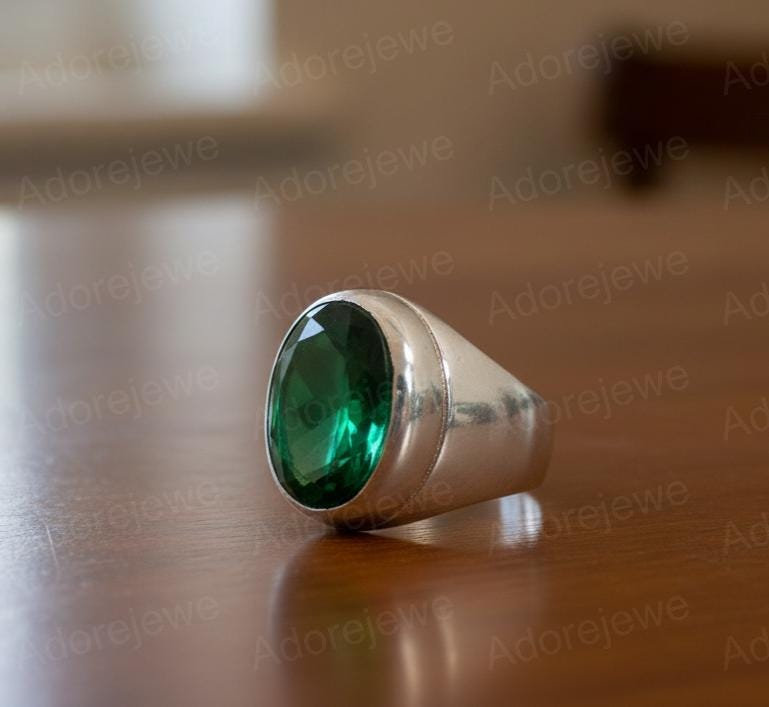 Emerald Sterling Silver Signet Ring, Oval Stone (12x16mm)