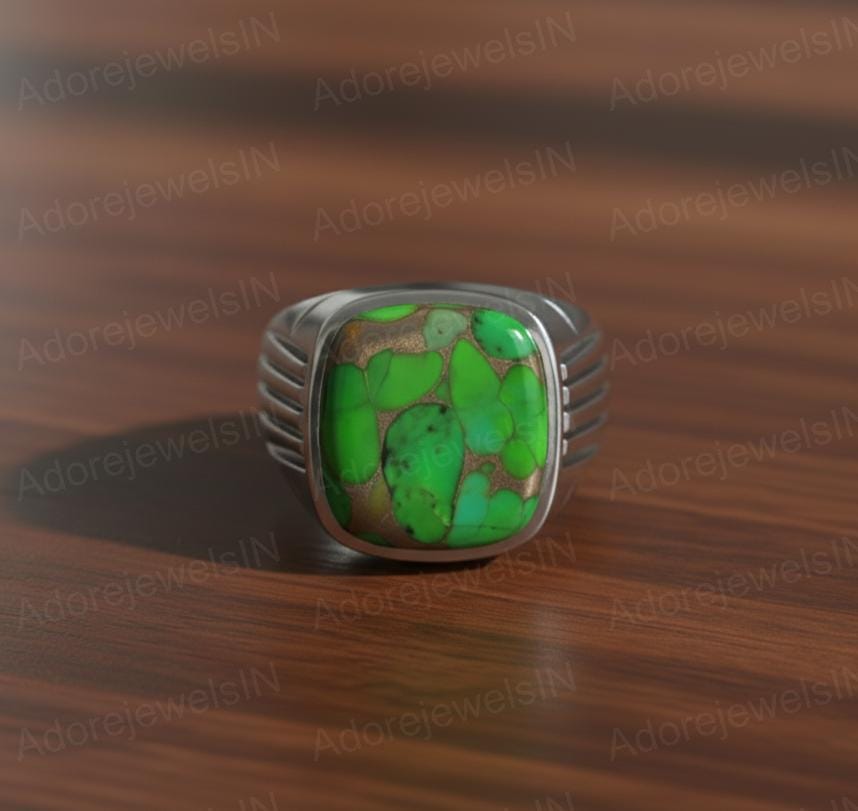 Sterling Silver Mens Ring, Green Copper Turquoise Gemstone, Ottoman Style