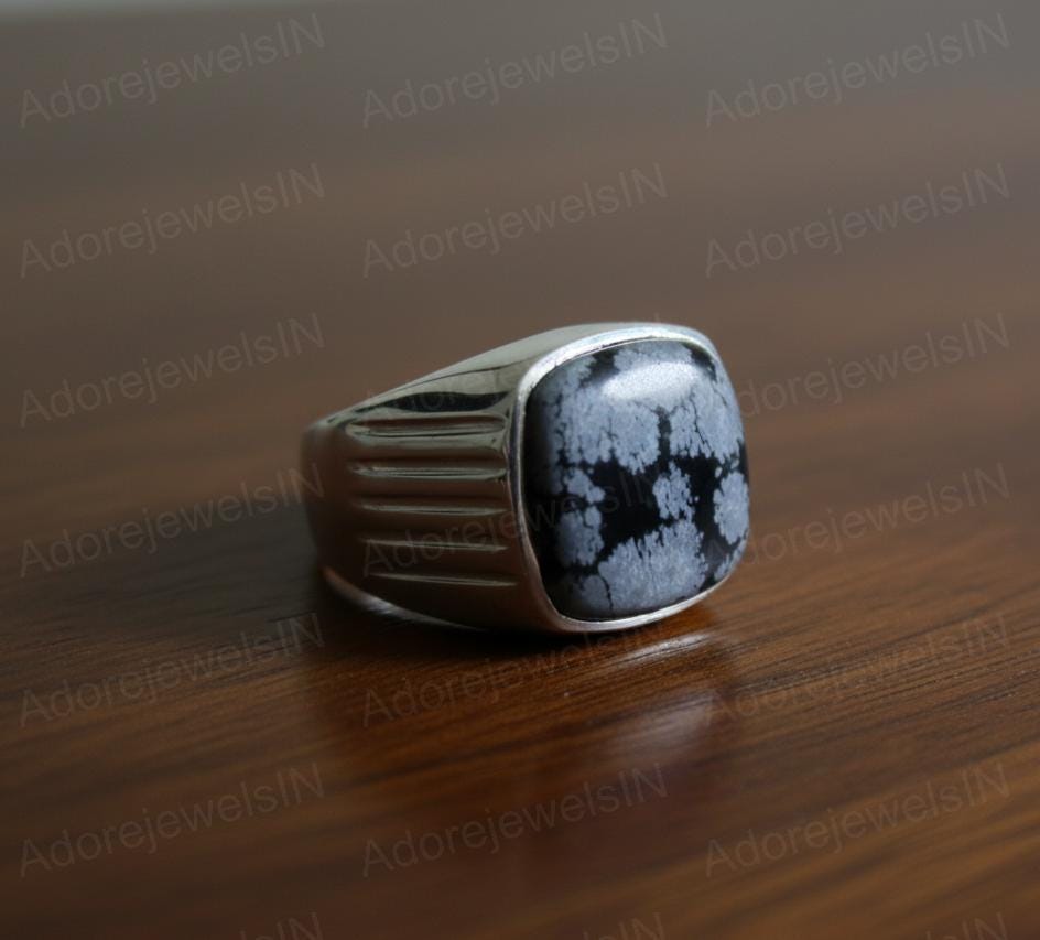 Sterling Silver Snowflake Obsidian Ring, Cushion Gemstone (14x14mm)
