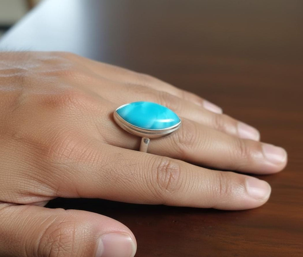 Natural Larimar Ring, Solid Sterling Silver, Marquise Gemstone