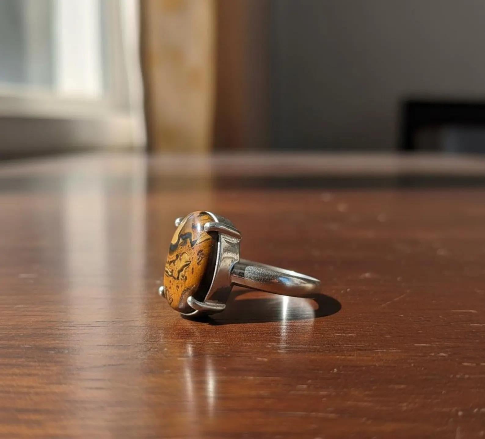 Sterling Silver Signet Ring, Natural Yellow Tiger Eye (12x16mm), Mens Heavy Ring