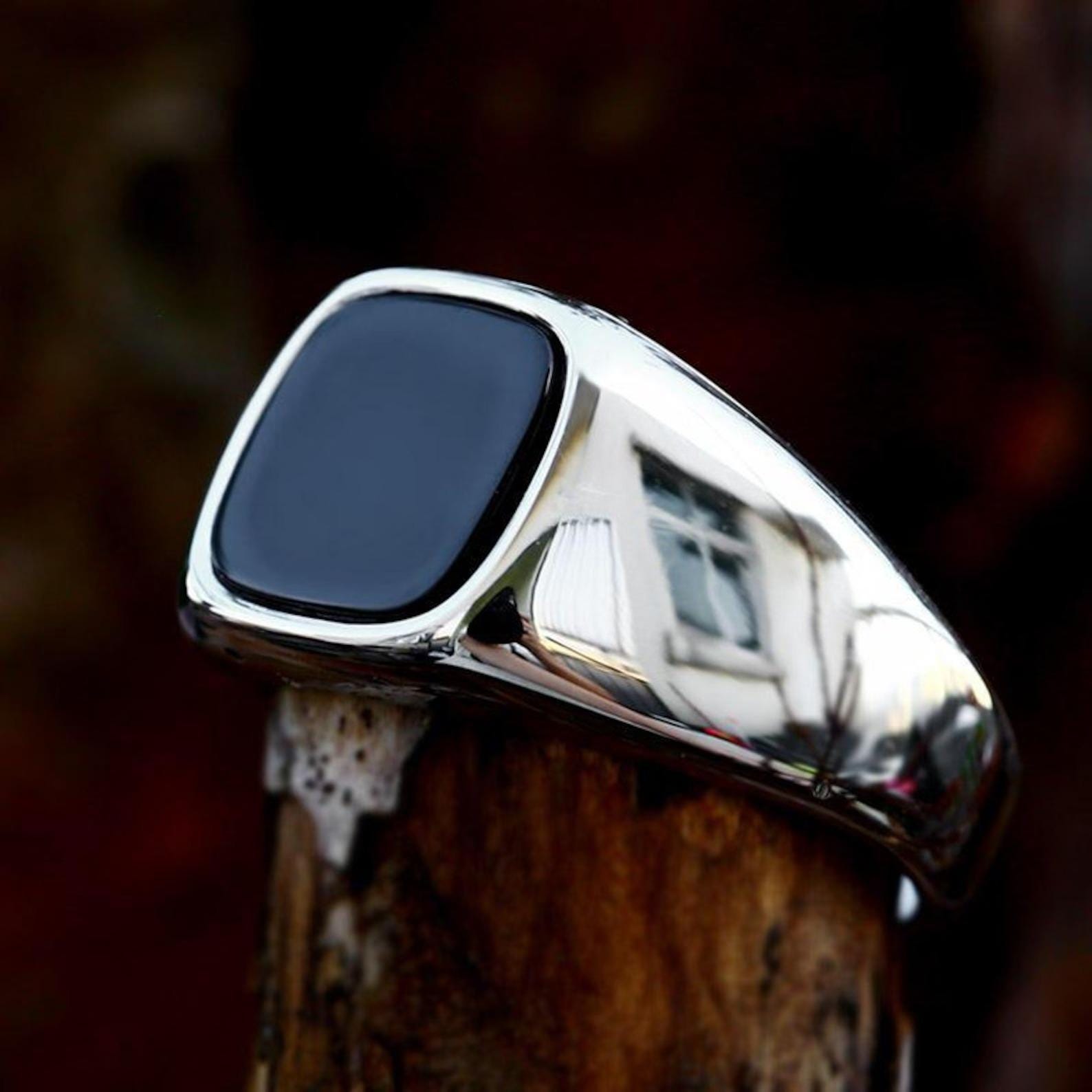 Black Onyx Signet Ring, 925 Sterling Silver, Mens Cushion Ring
