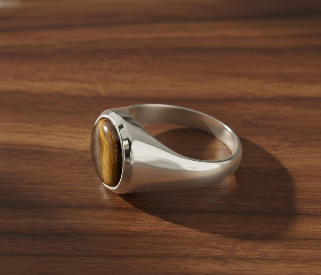 Sterling Silver Signet Ring, Natural Yellow Tiger Eye, Mens Heavy Ring
