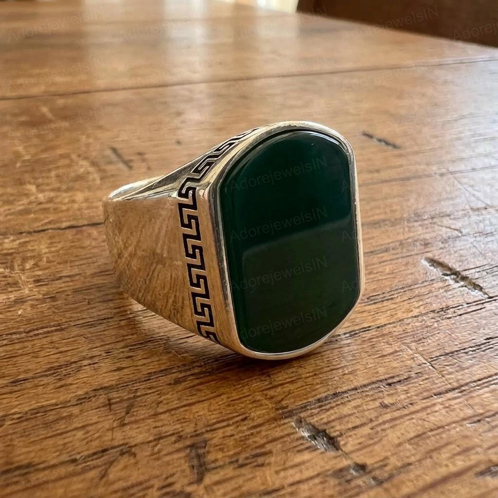 Solid 925 Sterling Silver Ring, Natural Green Onyx Ring For Mens, 12x16mm Green Onyx, Classic Green Onyx Mens Ring, Green Design Mens Ring