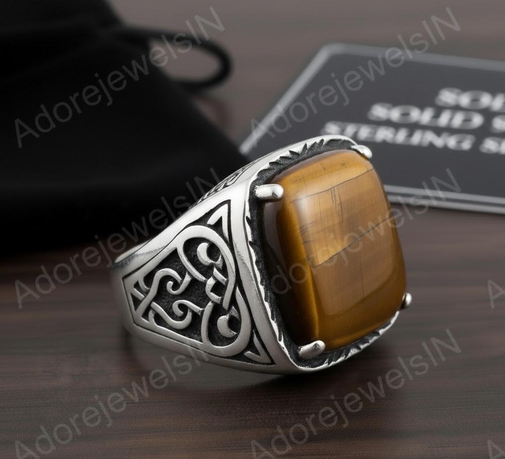 Tiger Eye Octagon Sterling Silver Signet Ring, Turkish Mens Ring