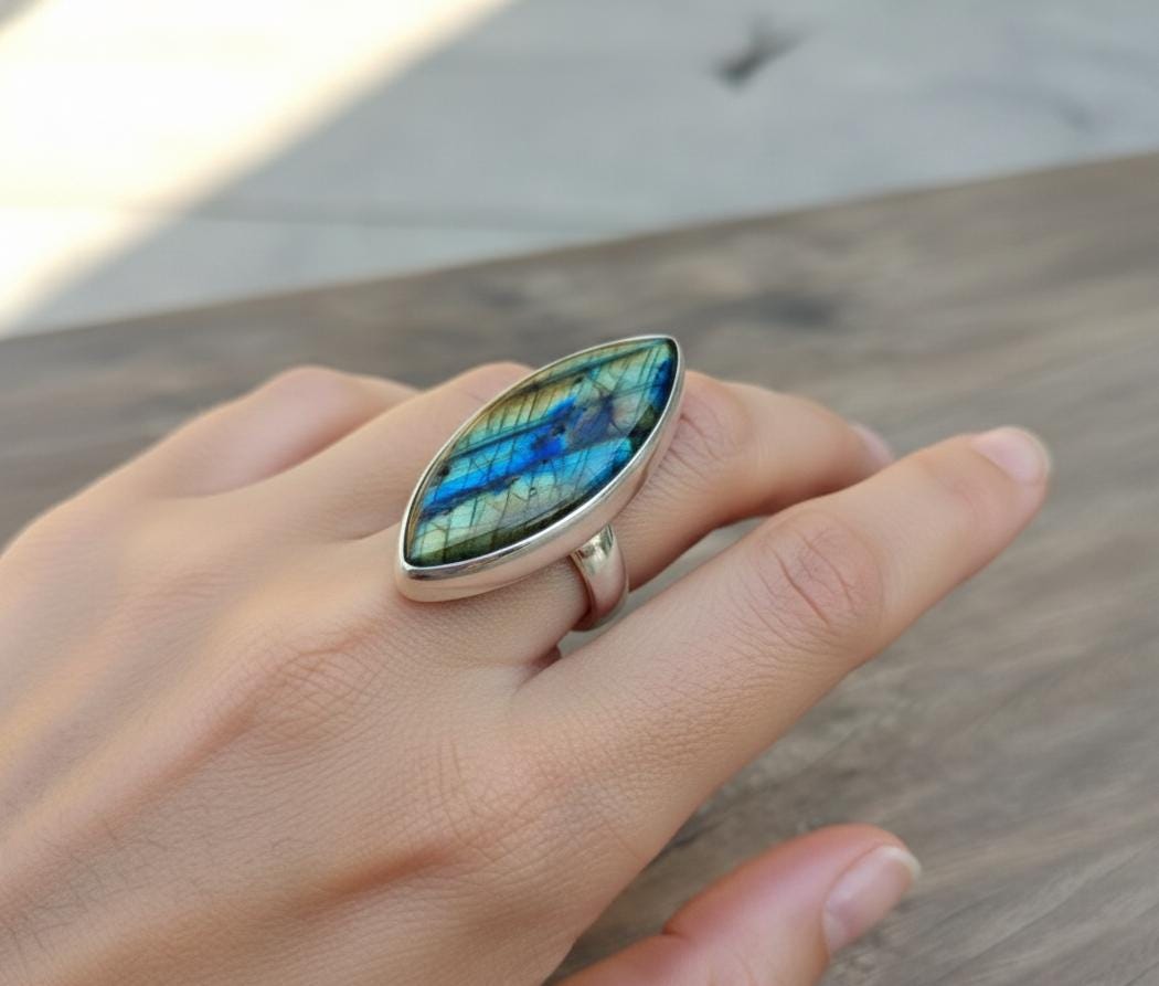 Madagascar Labradorite Ring, Marquise 925 Sterling Silver, Large Gemstone