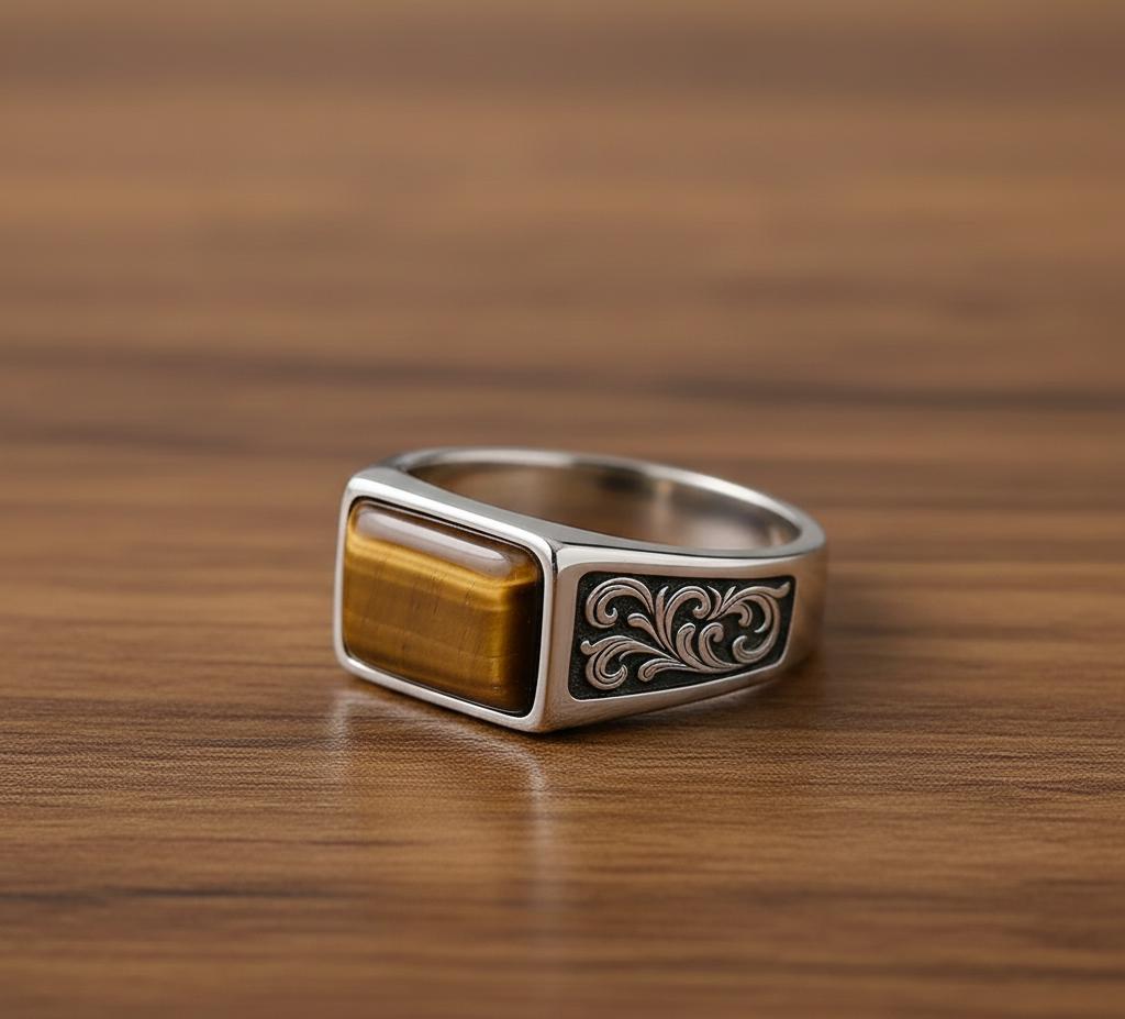 Sterling Silver Signet Ring, Yellow Tiger Eye Cabochon, Mens Ring