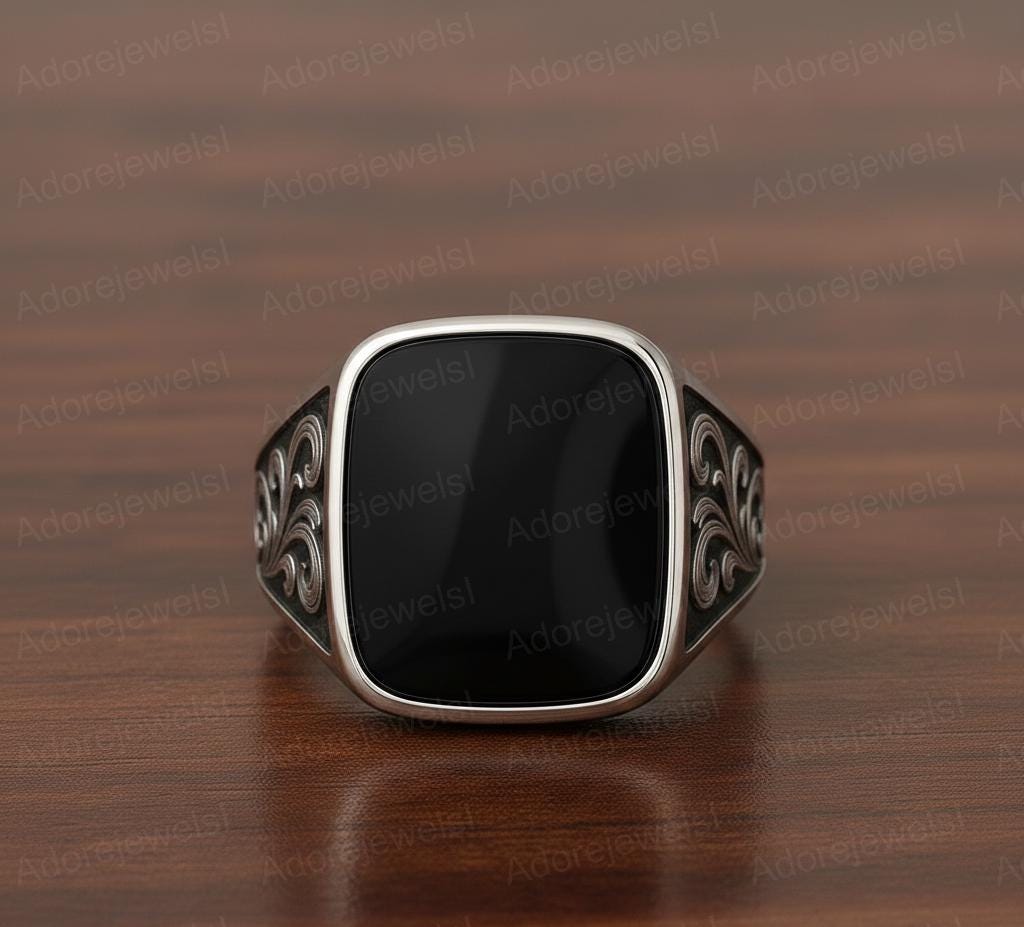 Black Onyx Cushion Signet Ring, Floral Sterling Silver