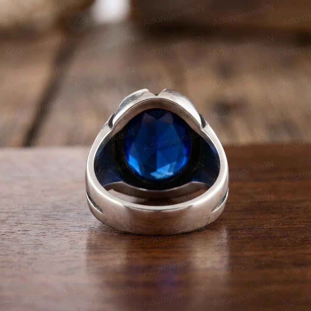 Solid 925 Sterling Silver Mens Ring, Blue Sapphire Hydro Mens Ring, Oval Brilliant Cut, Sapphire Mens Ring, Sapphire Signet Ring