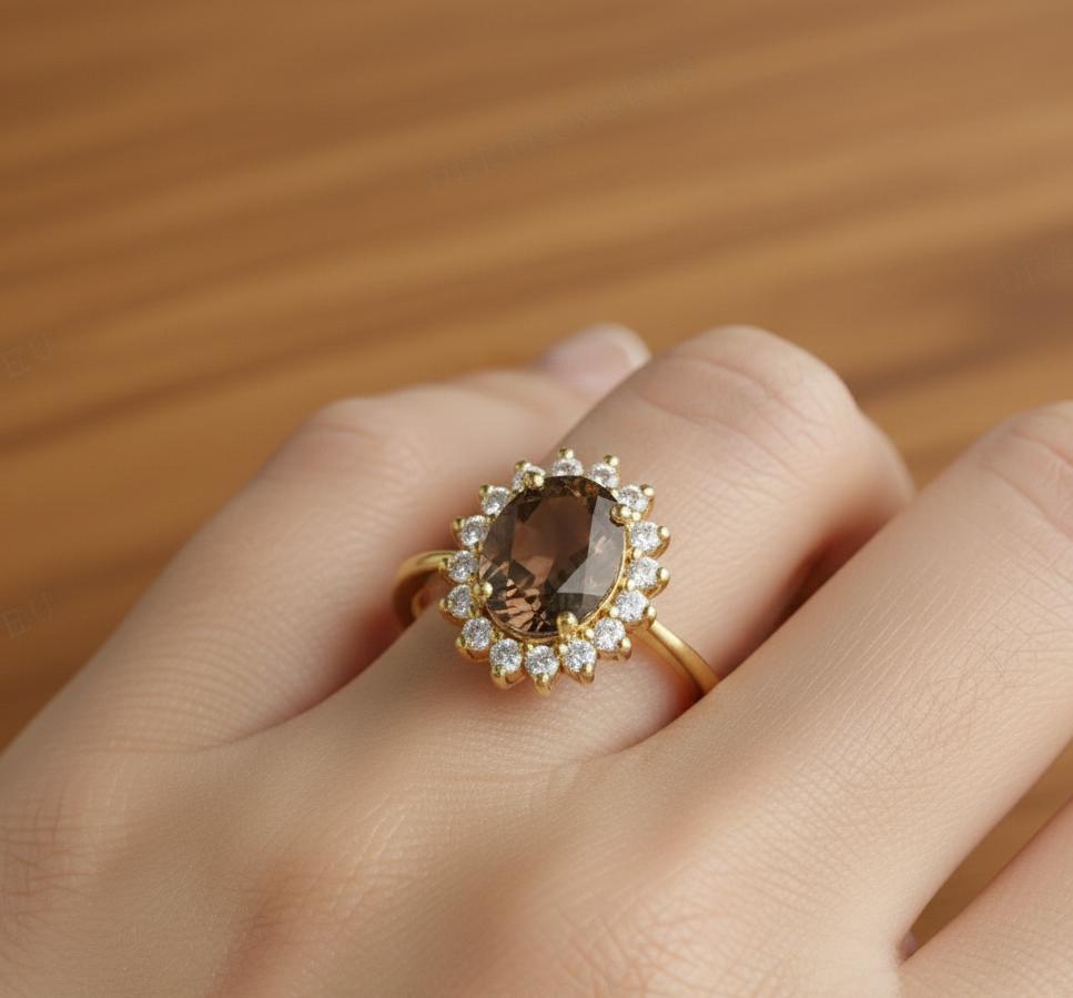 Natural Smoky Quartz Oval Ring, 925 sterling silver, Prong Setting (8x10mm)