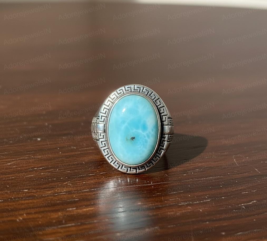 Vintage Texture Sterling Silver Larimar Ring (12x16mm)