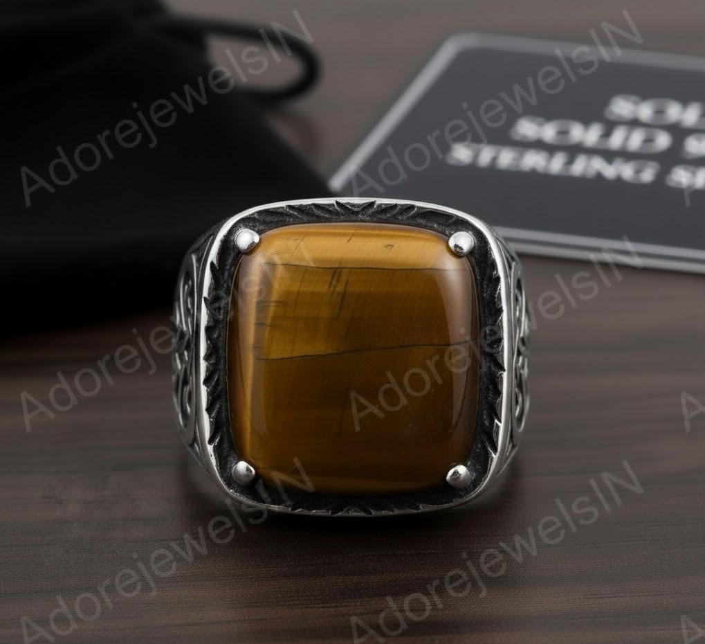 Tiger Eye Octagon Sterling Silver Signet Ring, Turkish Mens Ring