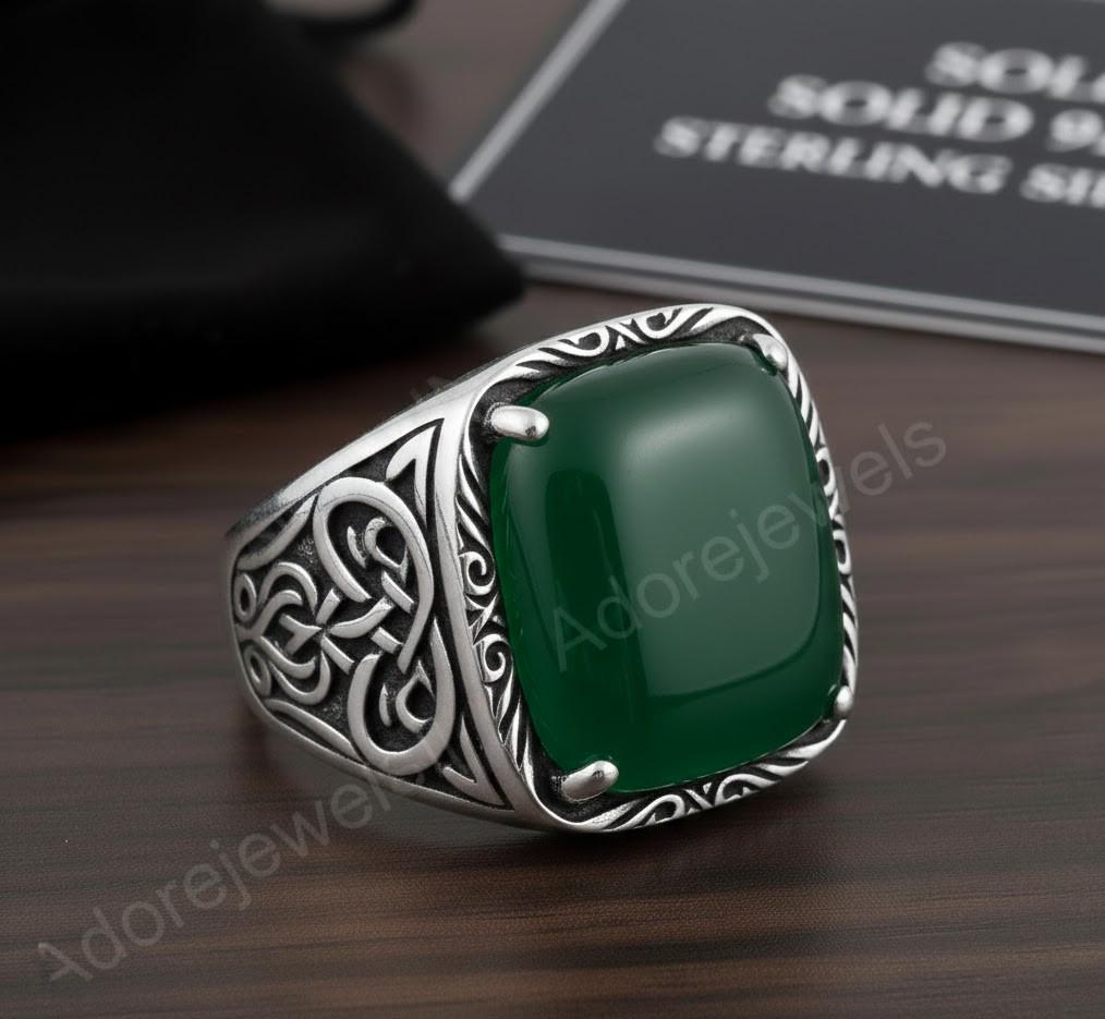Green Onyx Octagon Sterling Silver Signet Ring, Turkish Mens Ring