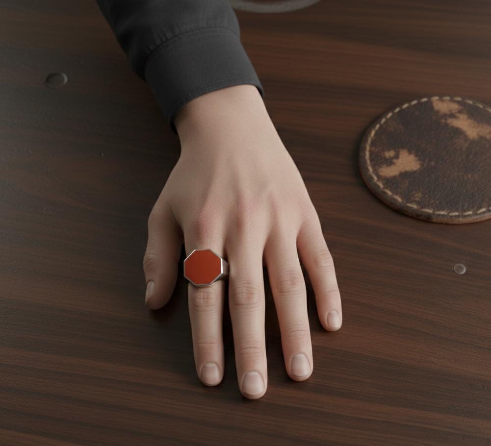 Sterling Silver Signet Ring, Mens Carnelian Hexagon Ring