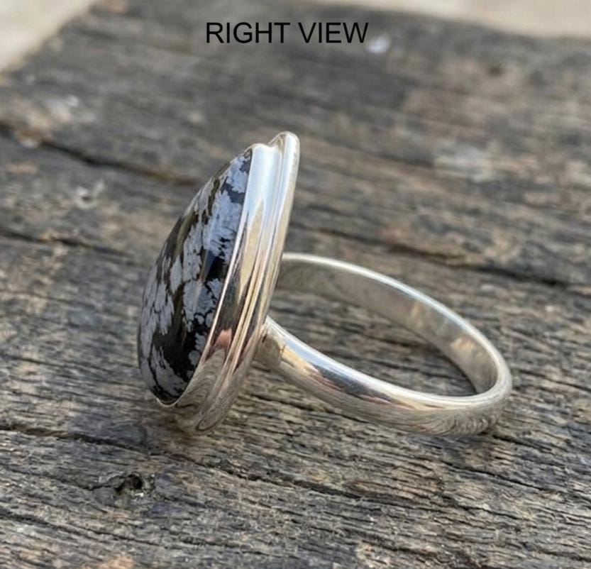 Handmade Snowflake Obsidian Ring, Teardrop Gemstone Ring, Minimalist Sterling Silver Bezel Setting, Unique Natural Stone Jewelry for Her