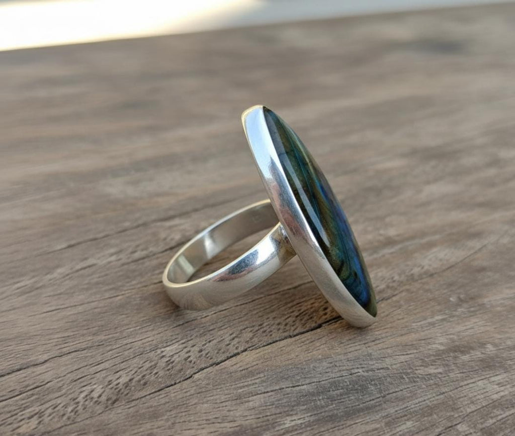Madagascar Labradorite Ring, Marquise 925 Sterling Silver, Large Gemstone