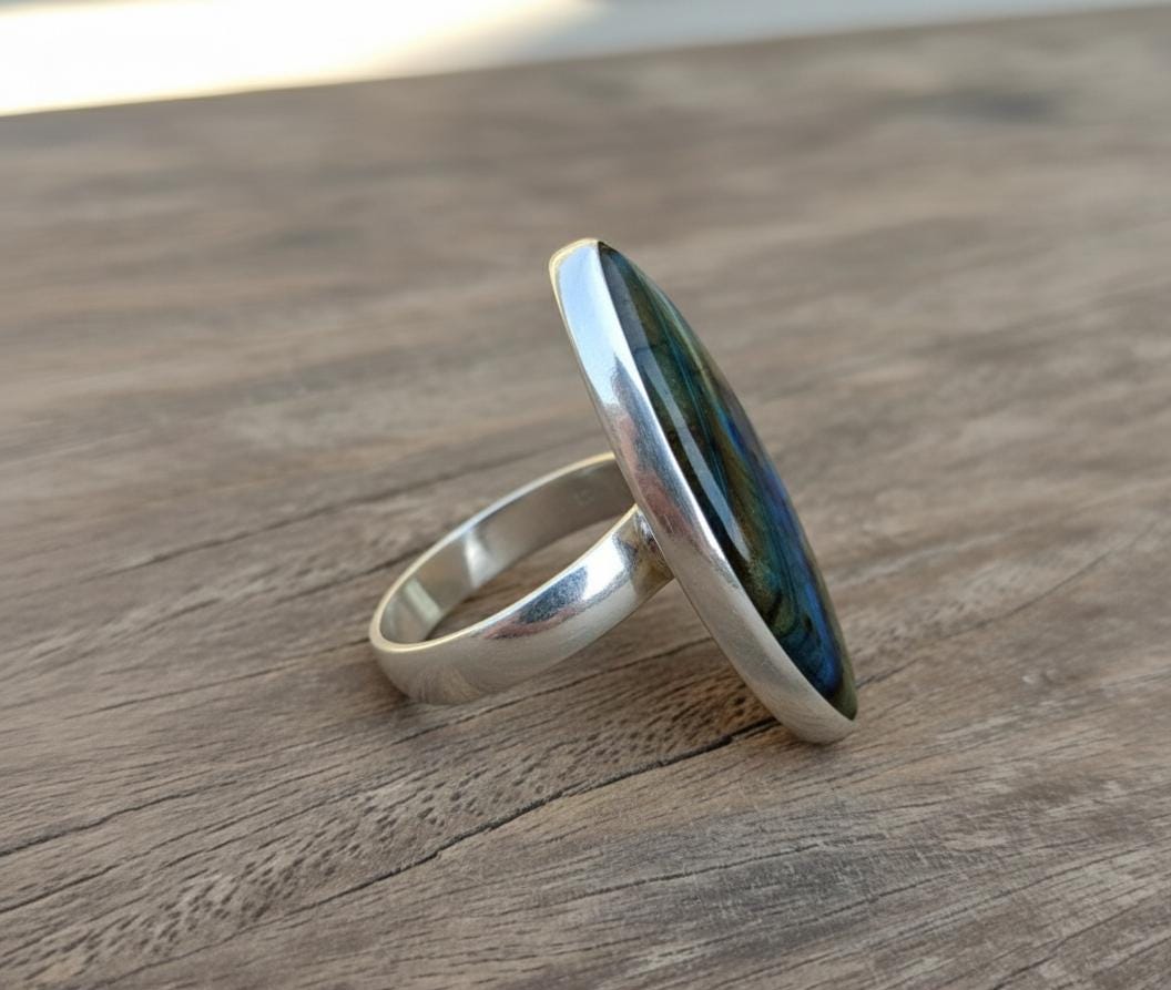 Madagascar Labradorite Ring, Marquise 925 Sterling Silver, Large Gemstone