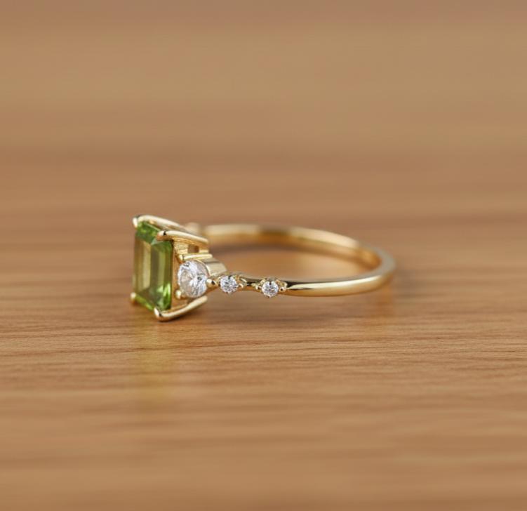 Vintage Peridot Ring, Gold Vermeil, Art Deco Emerald Cut, August Birthstone, Oval Gemstone